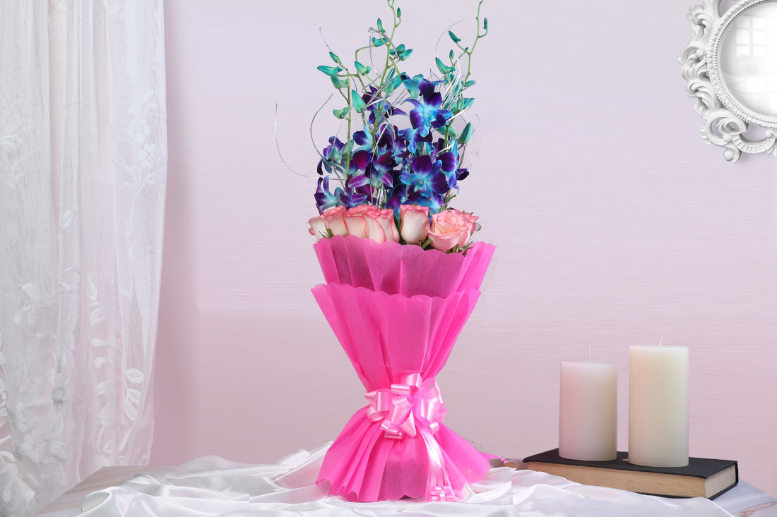 Buy Bunch of 6 Blue Orchids and 10 Pink Roses Online