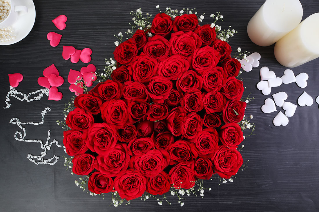50 Red Roses in Heart Shape Arrangement