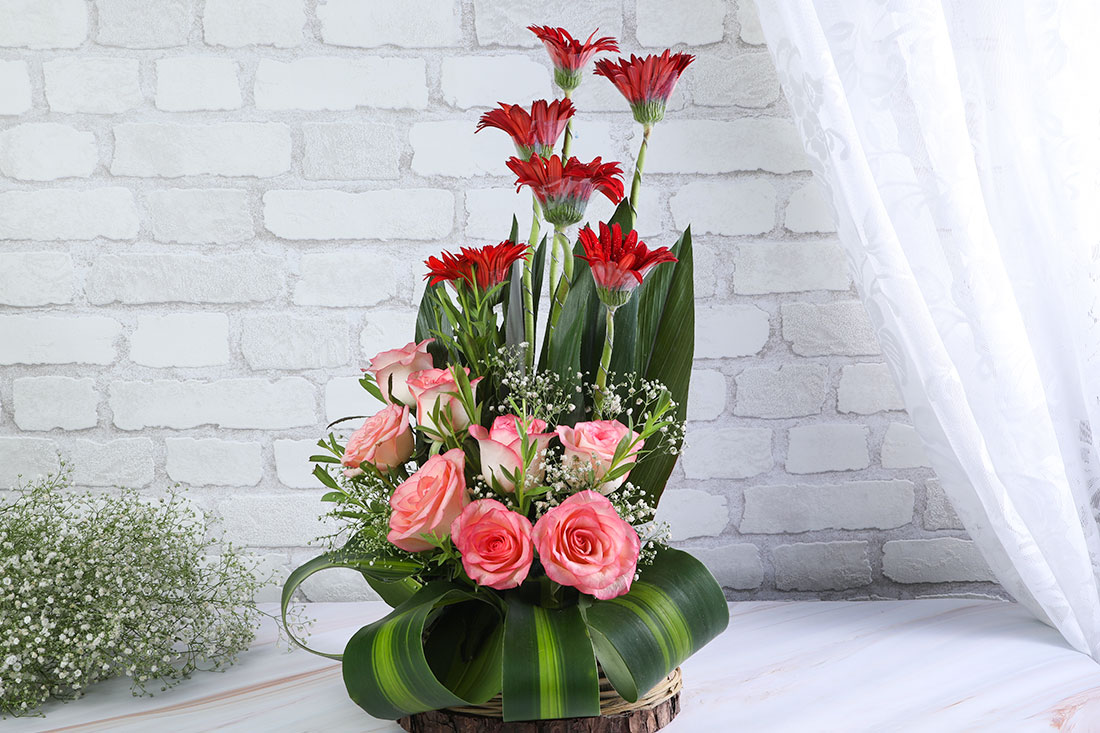 Pink Roses with Red Gerberas in a Basket
