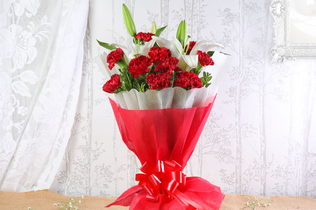 Send Send 8 Red Carnations with 2 White Oriental Lilies Online in India