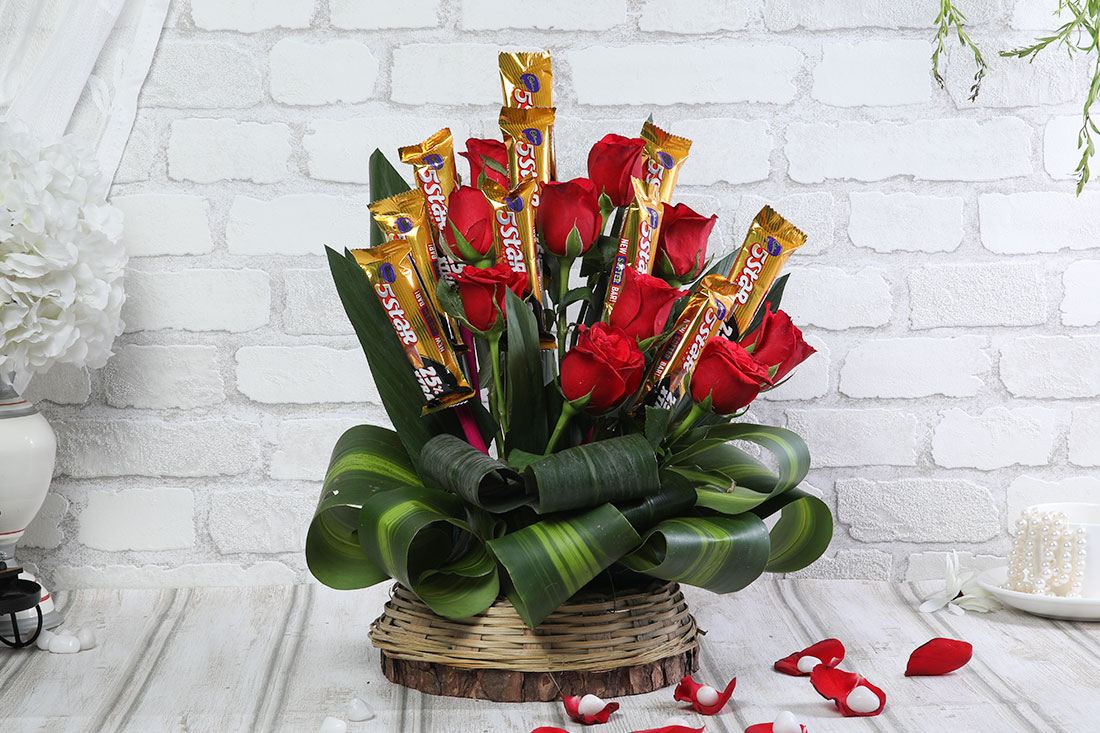 10 Red Roses and 10 Five Star Chocolates in a Basket