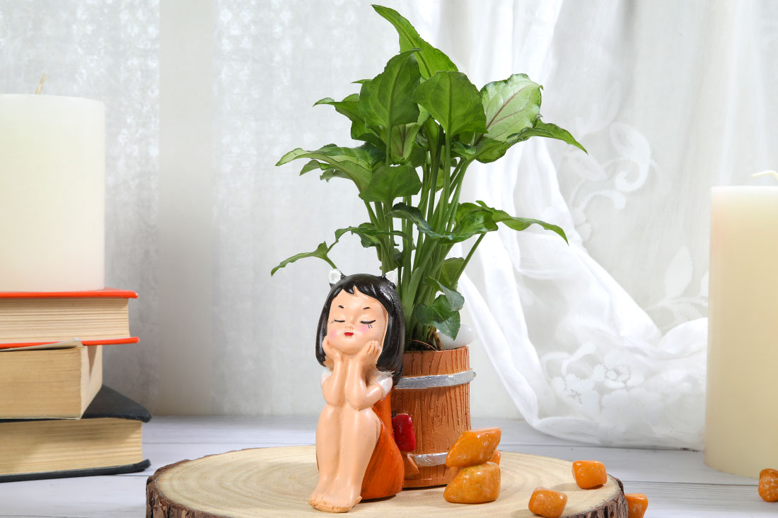 Thinking Girl With Syngonium Plant