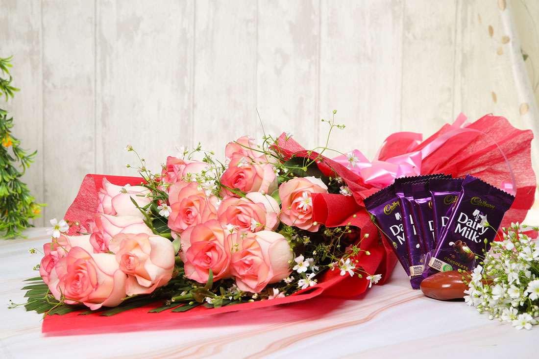 Pink Roses with Dairy Milk Order Now