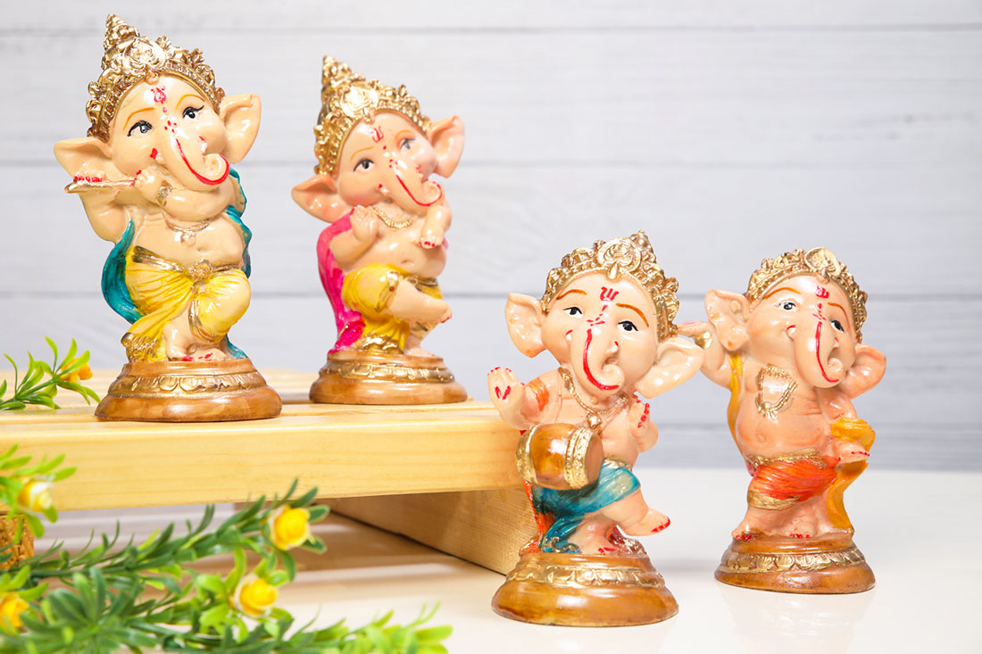 Auspicious 4 Ganesha Playing Instruments