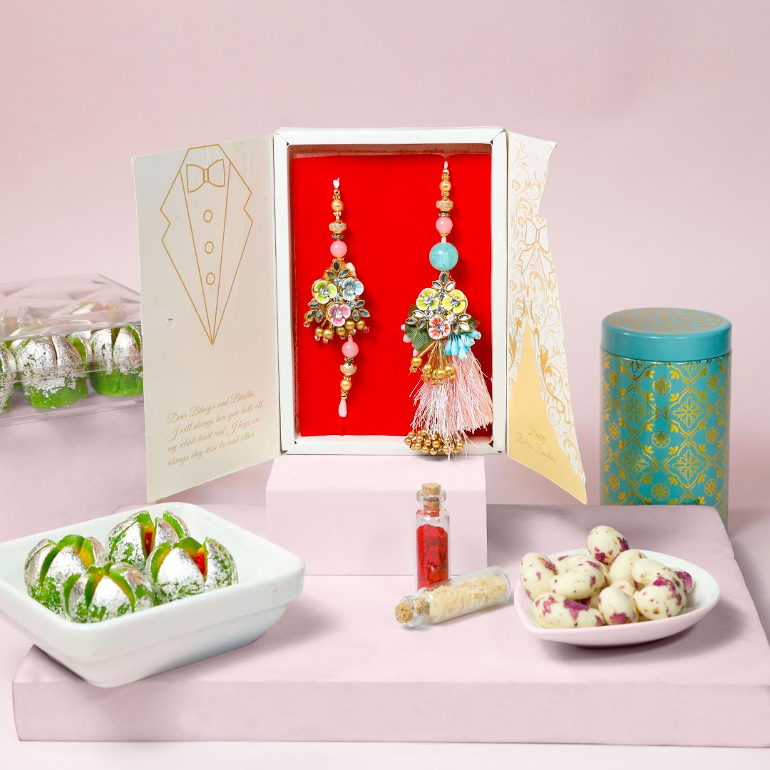 Beautiful Couple Rakhi Set With Sweets & Dragees