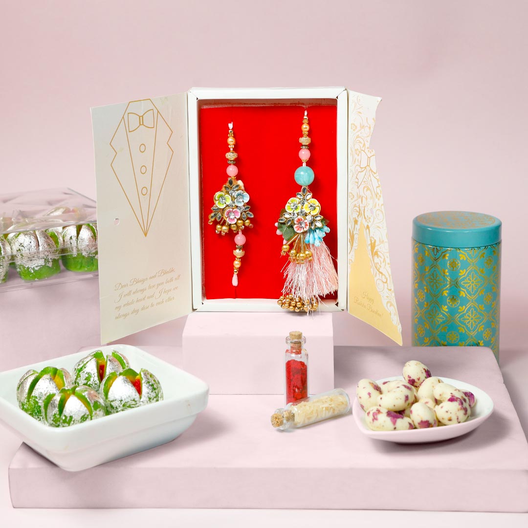 Beautiful Couple Rakhi Set With Sweets & Dragees Delivery