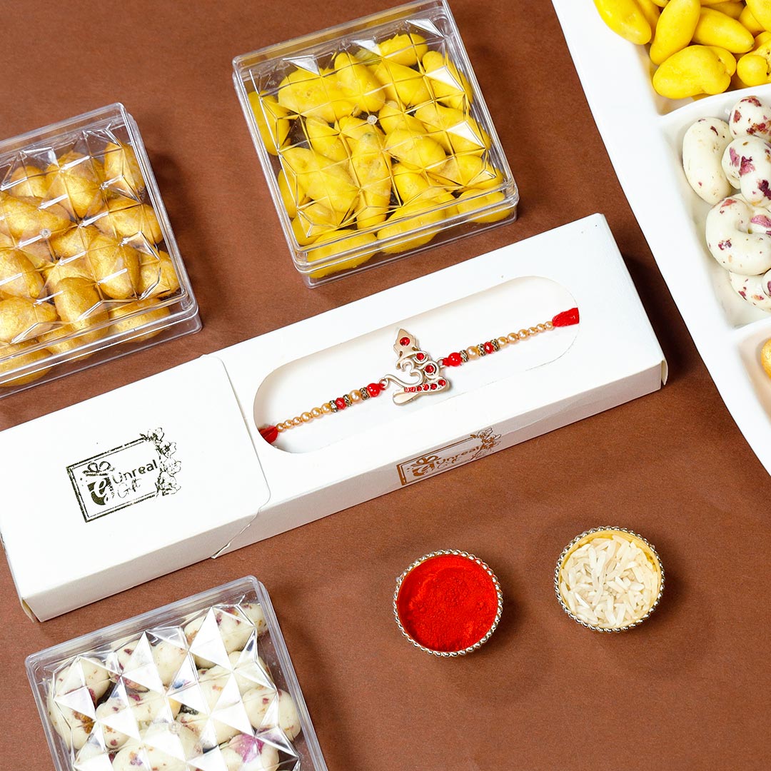 Beautiful Om Rakhi With Kaju Malai Combo Order Now