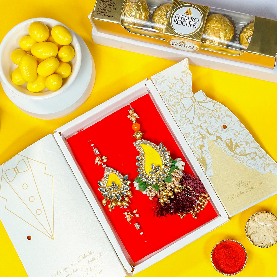 Order Bhaiya Bhabhi Kundan Rakhi With Dragees N Chocolates Online