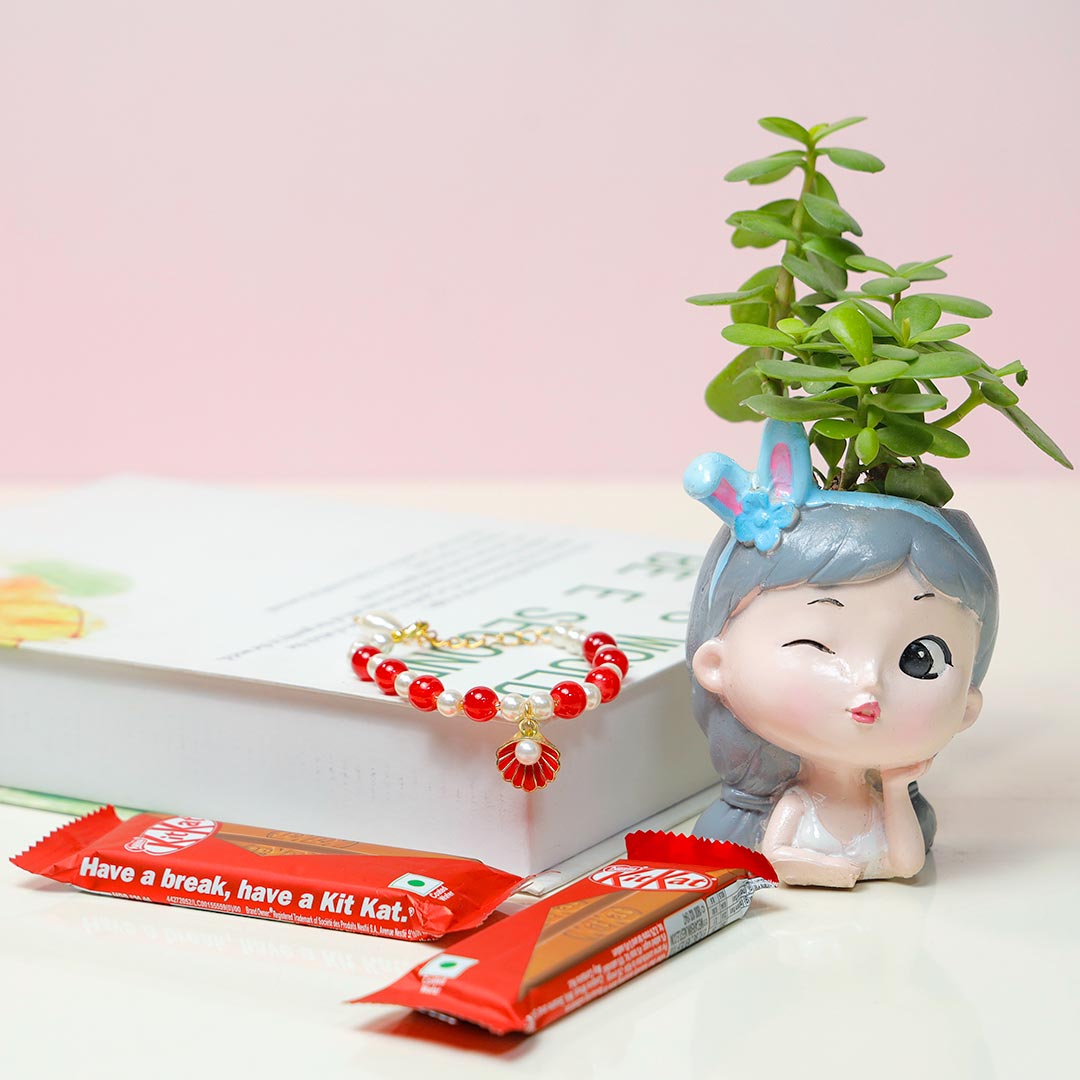 Bracelet Rakhi with Jade Plant & Kitkat Delivery