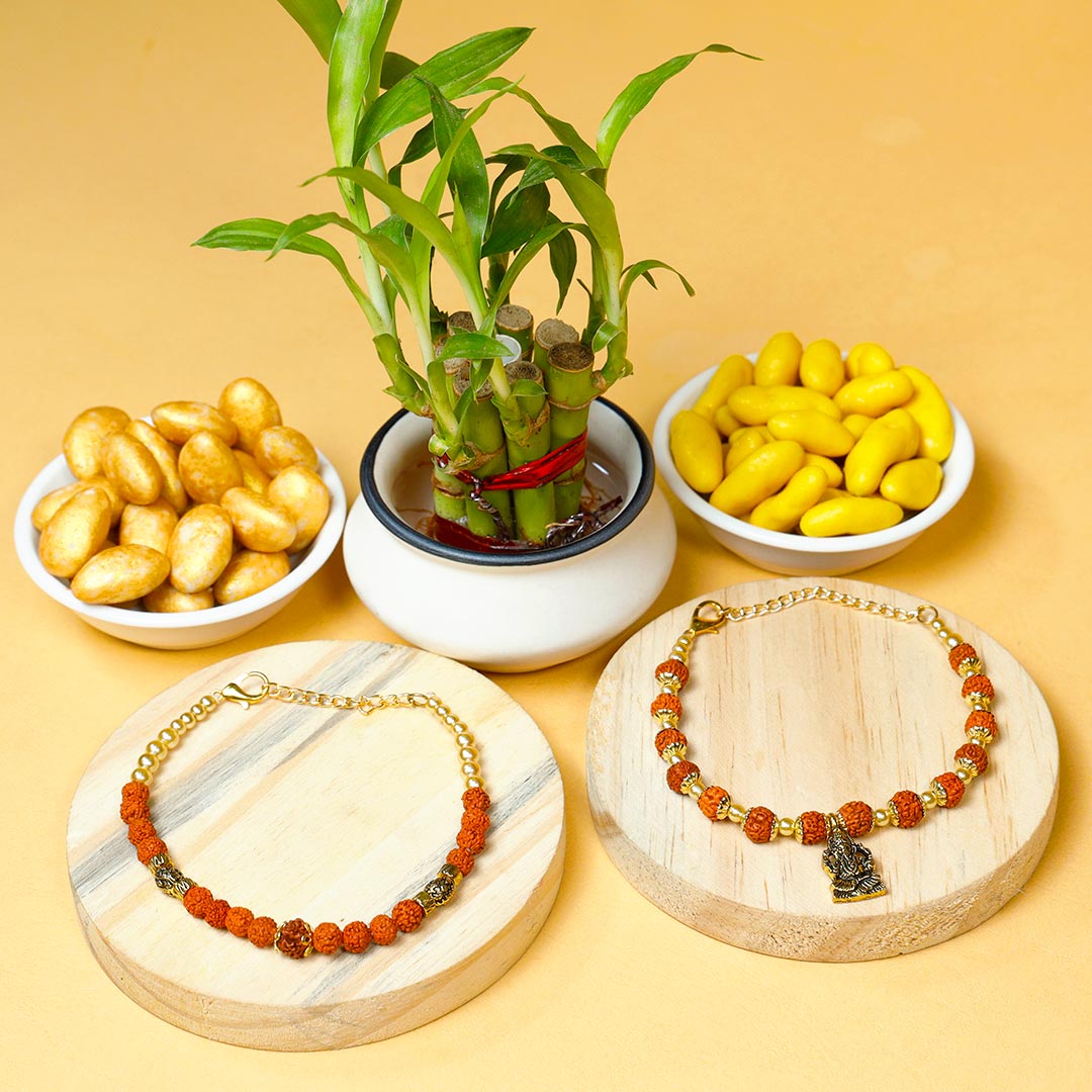 Bracelet Rudraksha Rakhi Set With Lucky Bamboo & Dragees