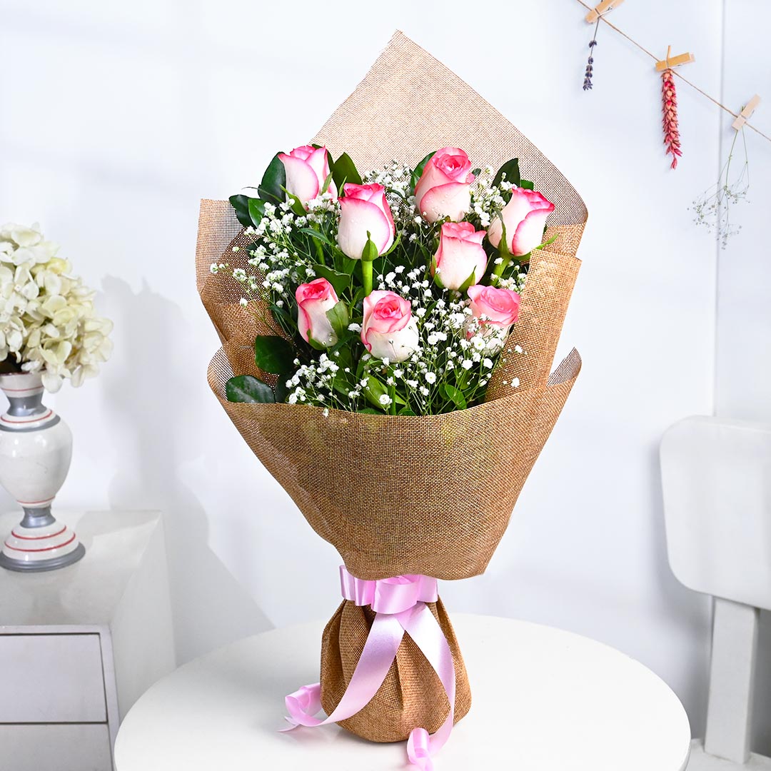 Charming Pink Roses With Baby's Breath Buy Online