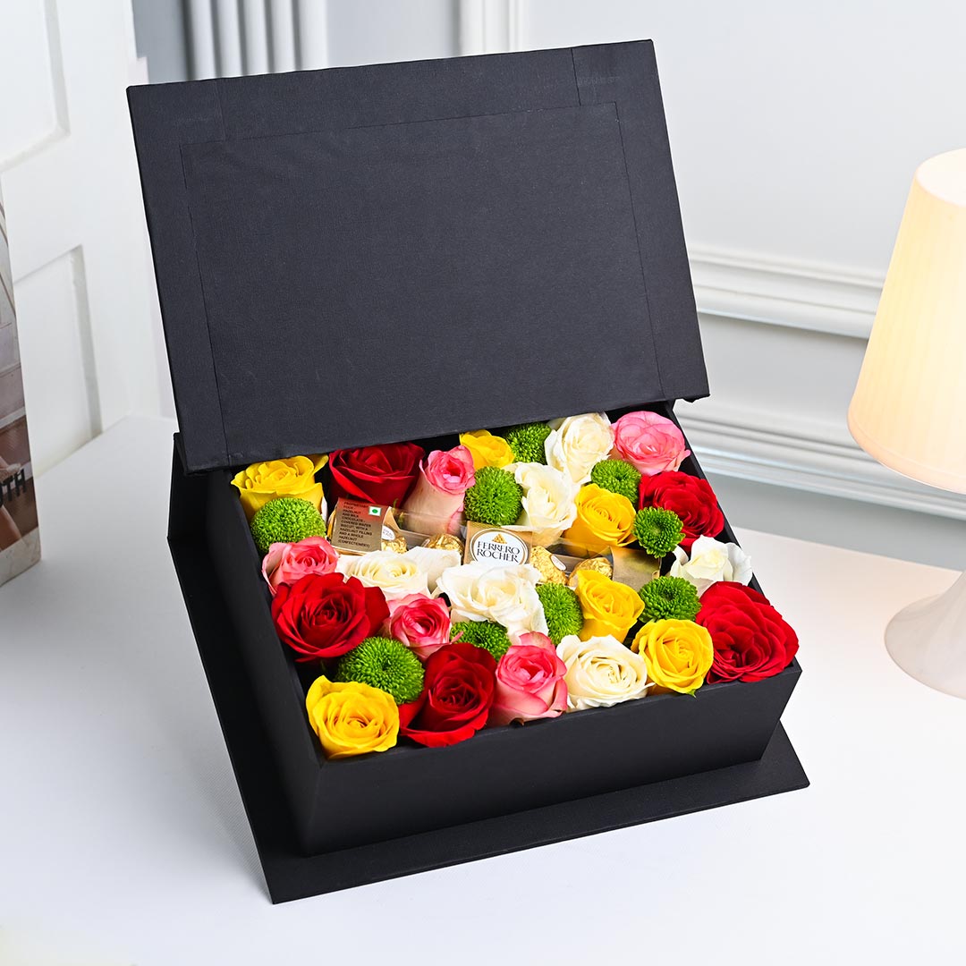 Order Colorfully Roses N Ferrero Rocher Chocolates In Book Box Online