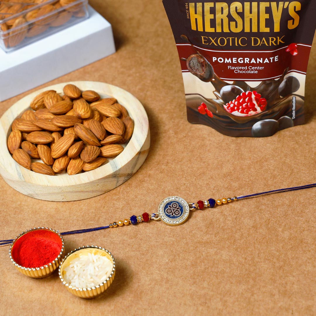 Send Designer Diamond Rakhi With Dry Fruits & Dark Chocolates Online
