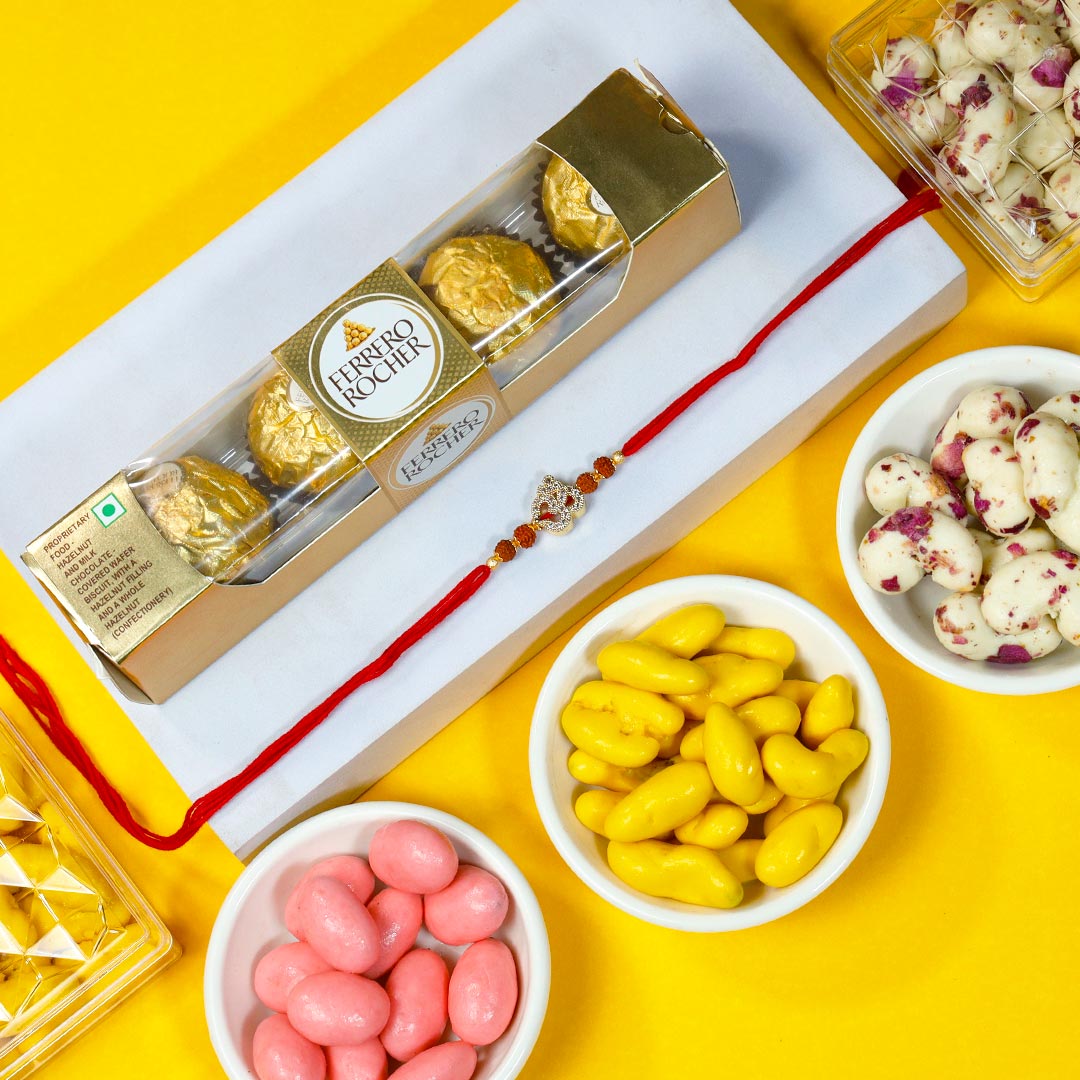 Devotional Om Rakhi With Ferrero Rocher & Dragees Send Now