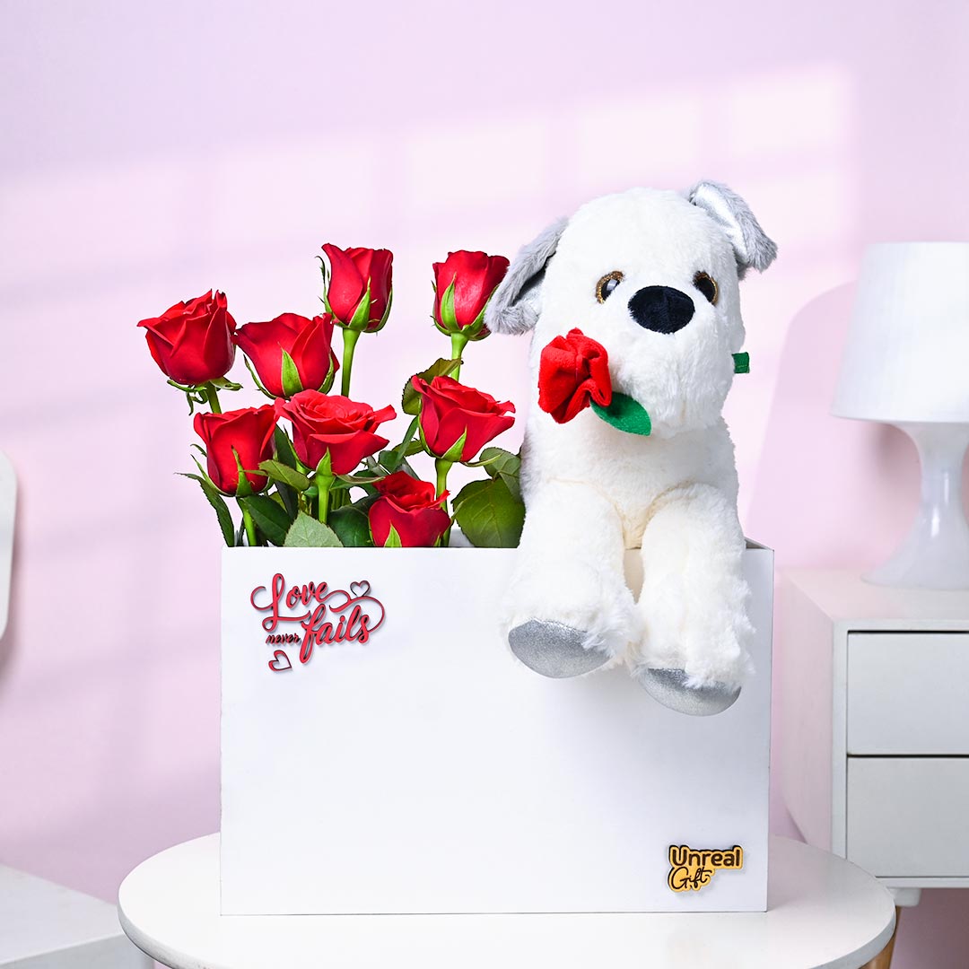 Order Eternal Love In Red Roses With Cute Puppy
