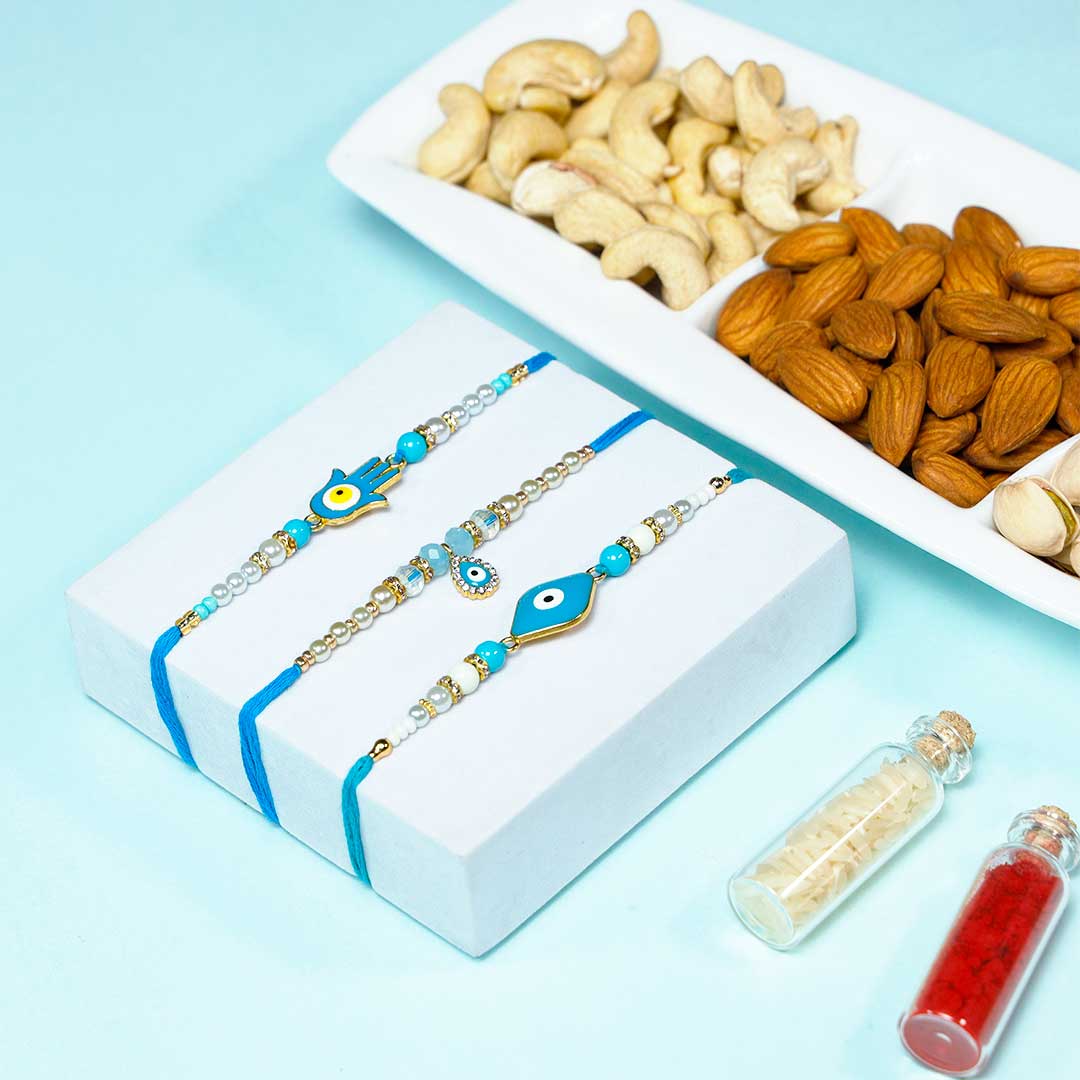 Evil Eye Rakhi Set Of 3 & Dry Fruits