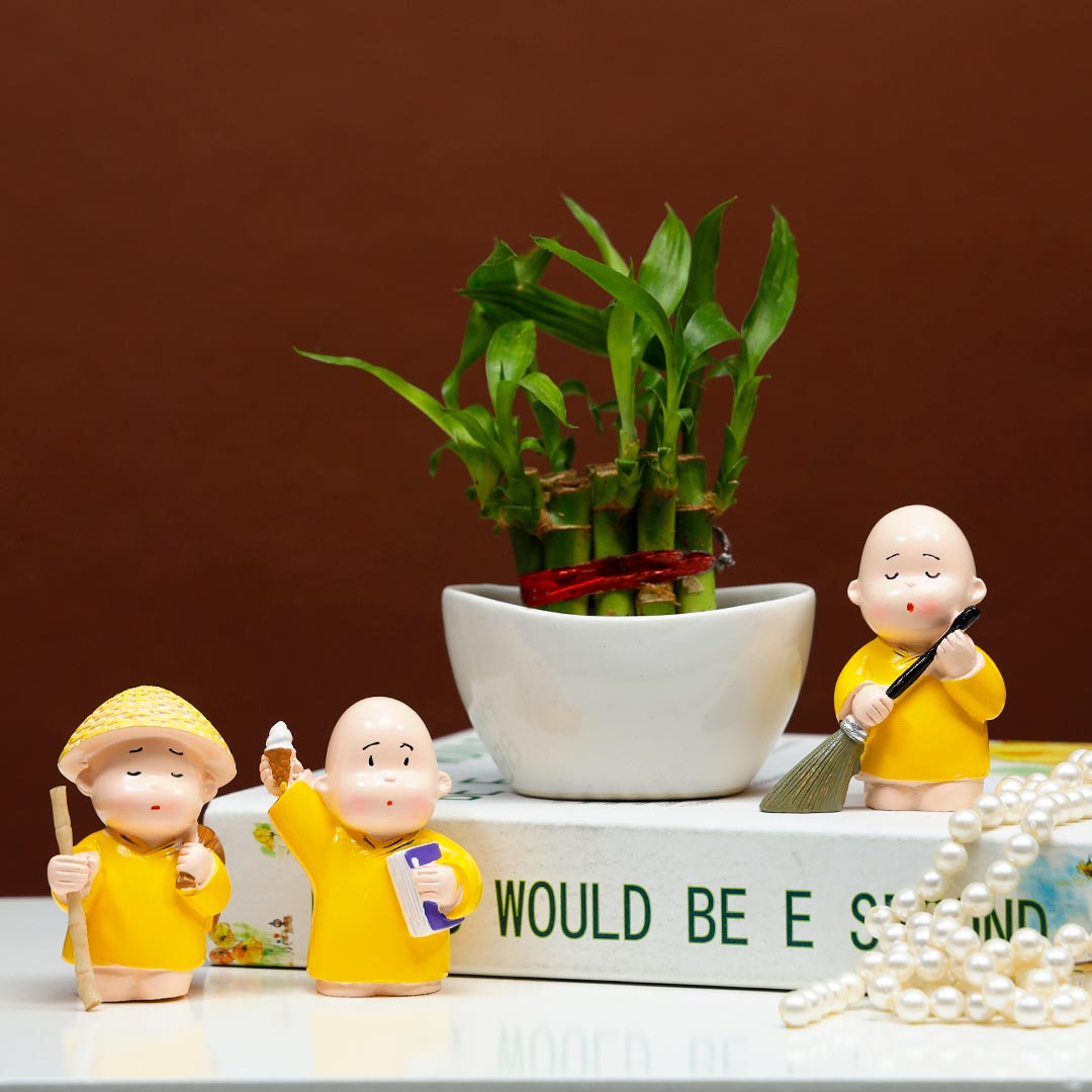 Lucky Bamboo in Boat with Monk