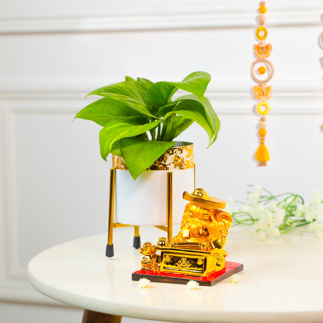 Lucky Charm Duo Of Ganesha And Money Plant