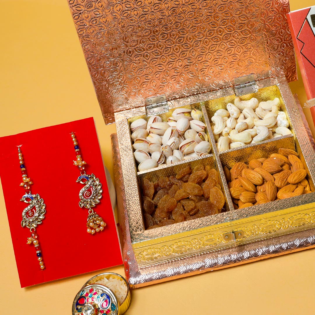 Order Peacock Rakhi With Dry Fruits For Bhaiya Bhabhi Online