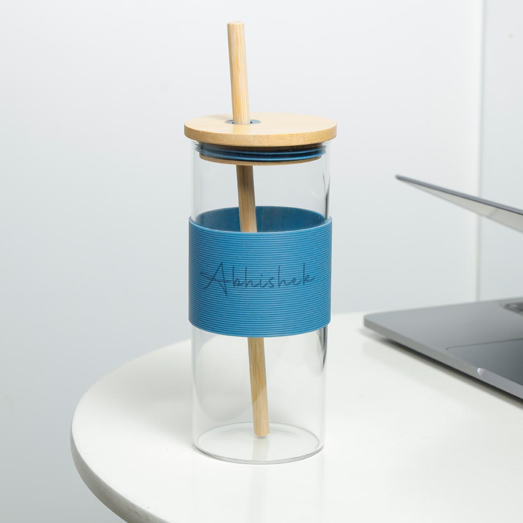 Personalized Glass Tumbler with lid - Blue