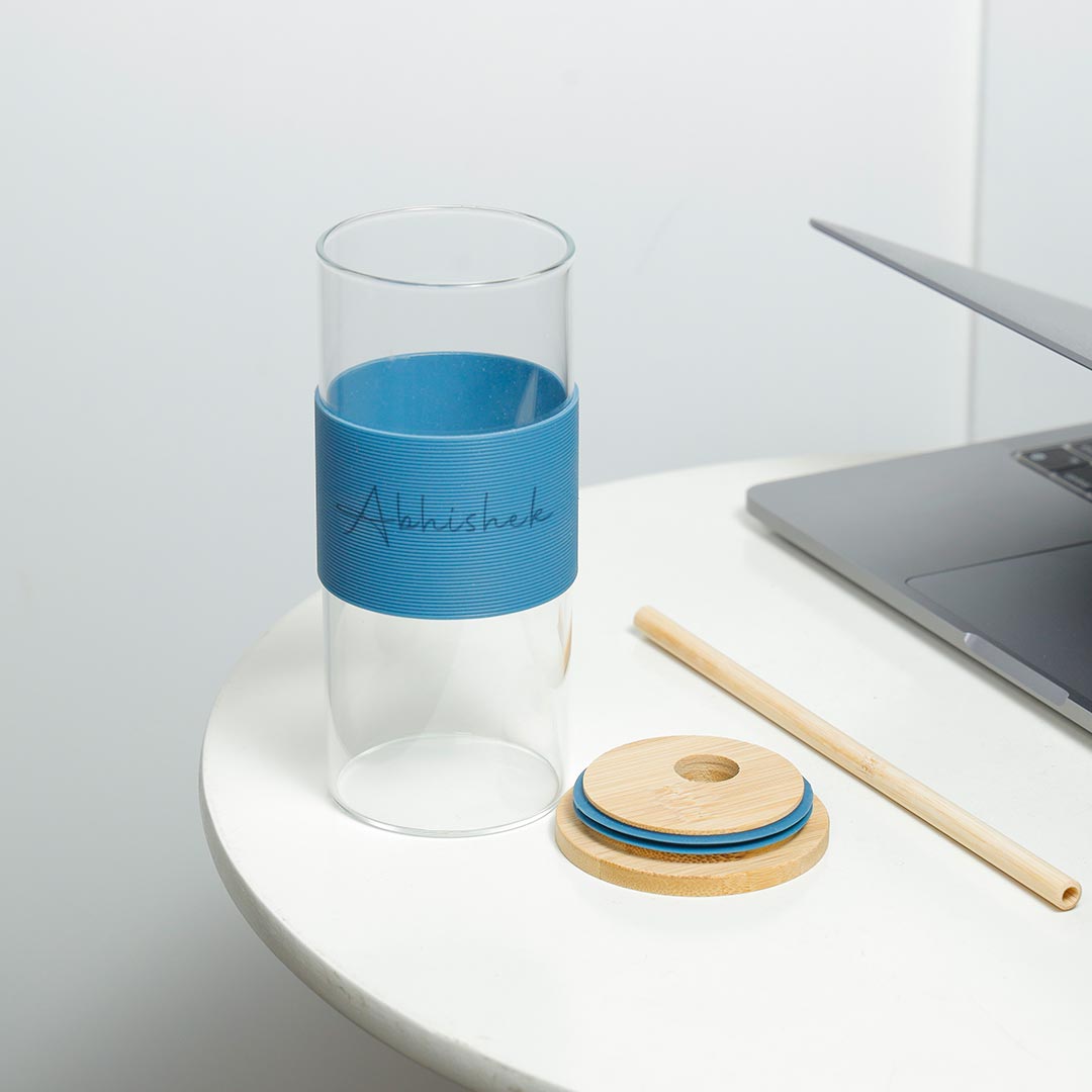 Personalized Glass Tumbler with lid - Blue