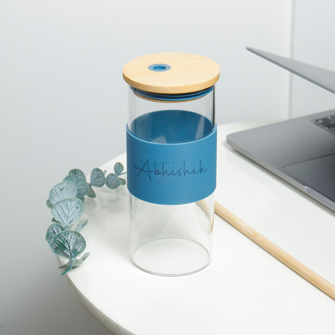 Personalized Glass Tumbler with lid - Blue