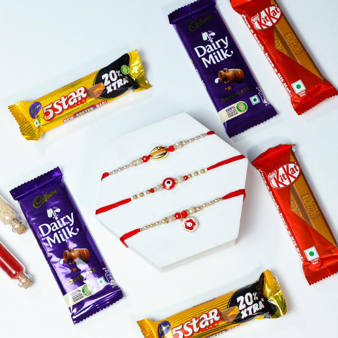 Send Red Stone 3 Rakhi Set & Chocolates Online