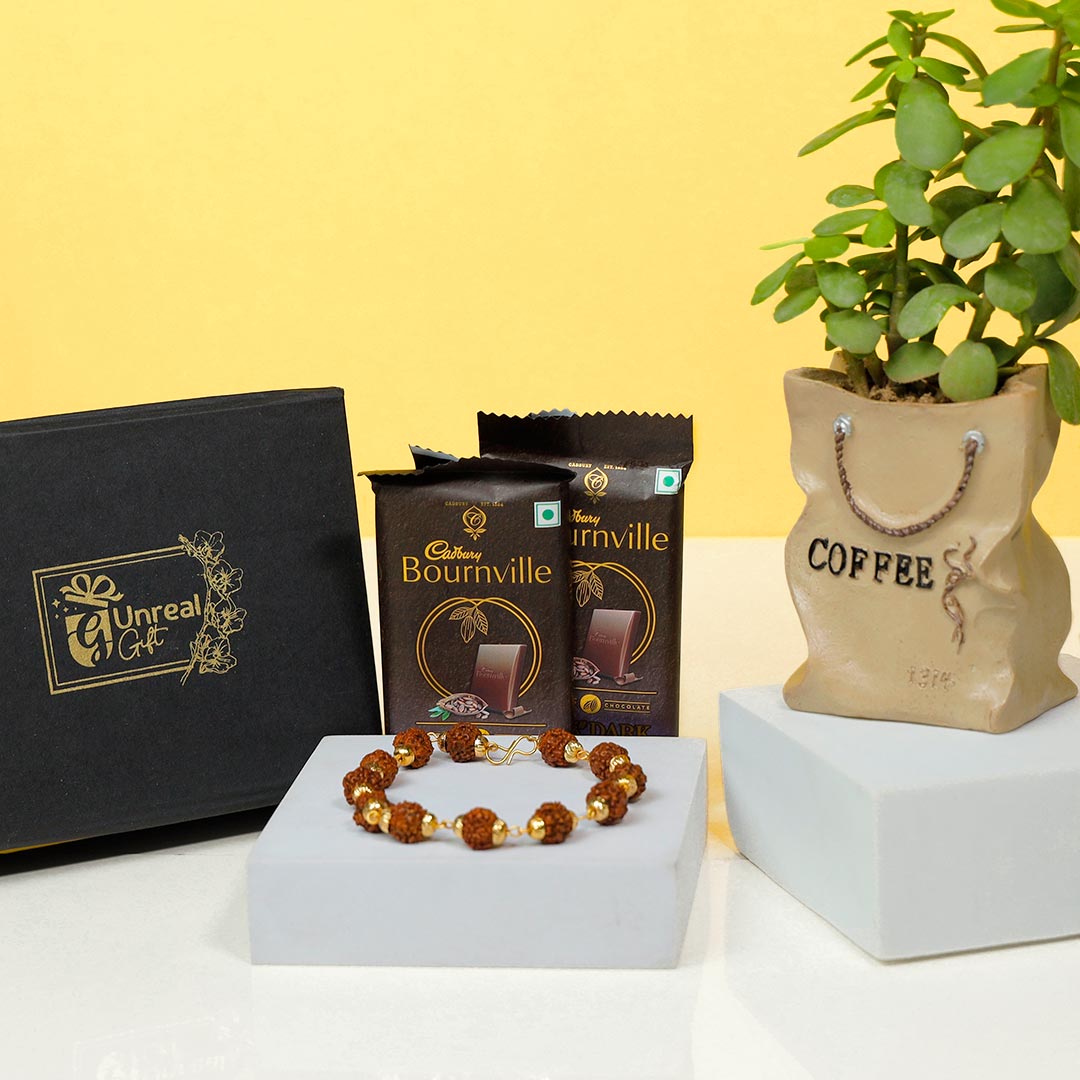 Rudraksha Bracelet Rakhi with Cadbury & Plant Online
