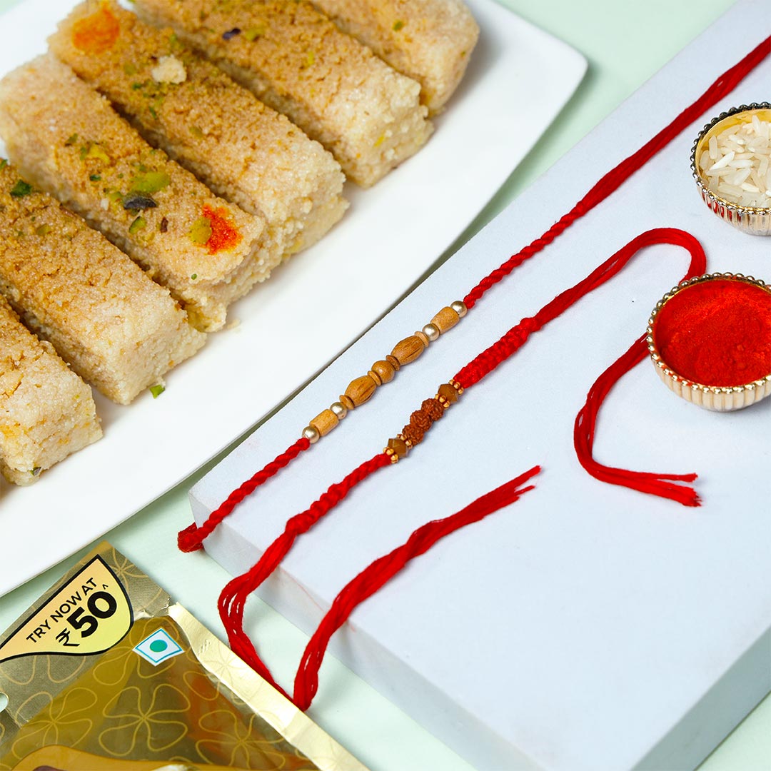 Rudraksha Duo Rakhi With Milk Cake