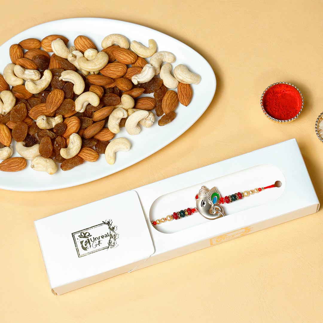 Silver Ganesha Rakhi With Assorted Dry Fruits