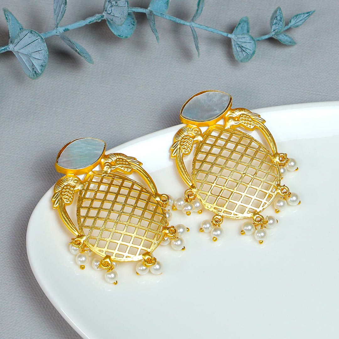 Stone N Pearl Brass Earrings Order Now