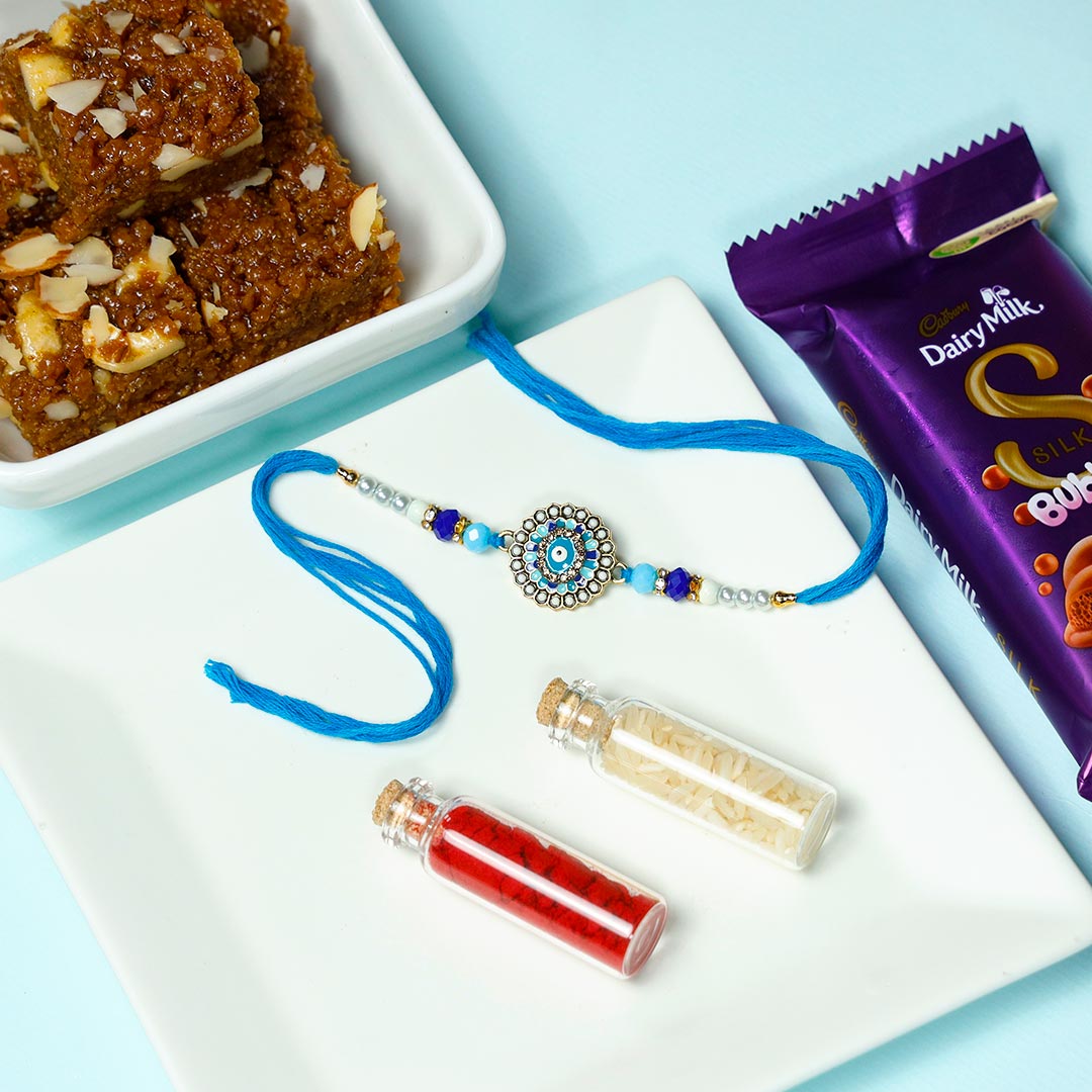 Stunning Evil Eye Rakhi With Dhodha & chocolate