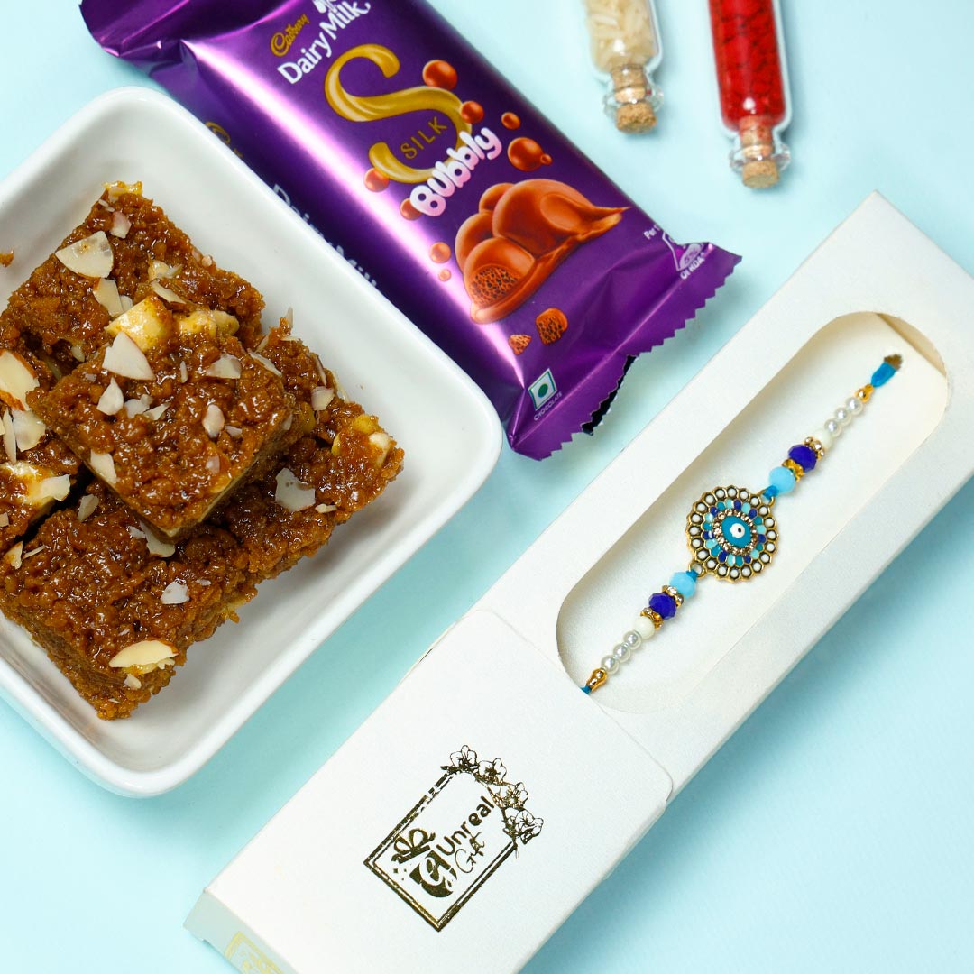 Stunning Evil Eye Rakhi With Dhodha & chocolate