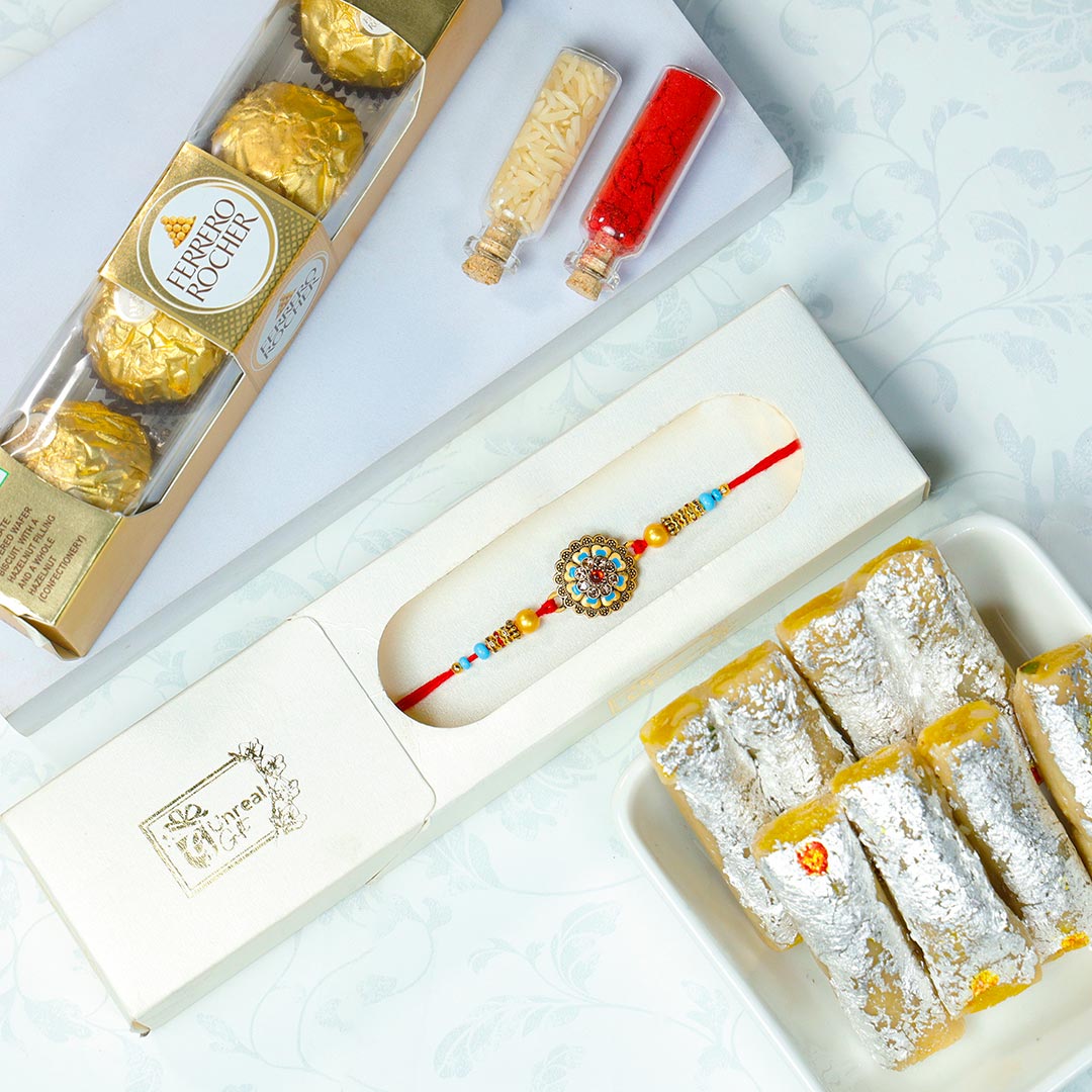 Stunning Rakhi With Ferrero Rocher & Kaju Rolls Order Now