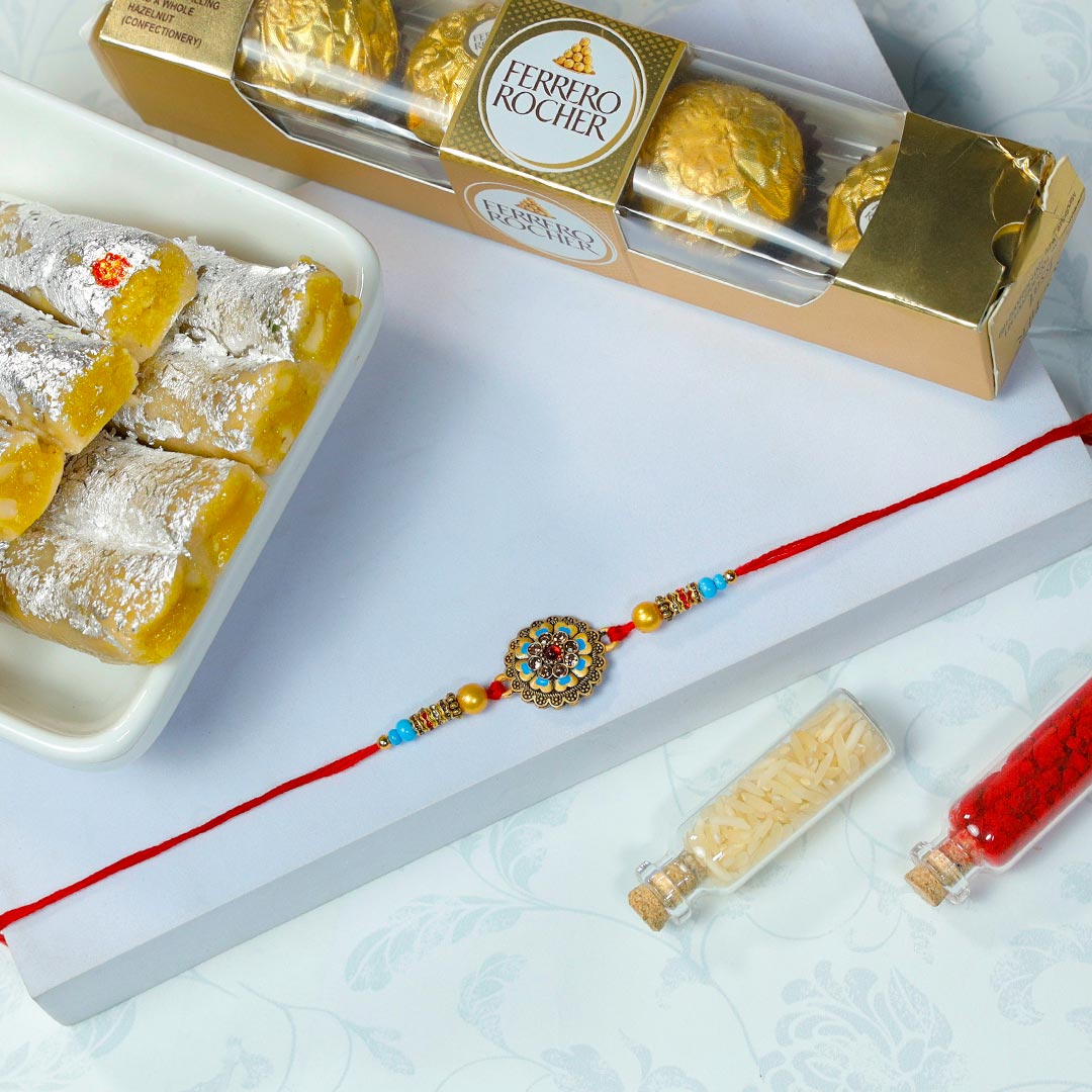 Stunning Rakhi With Ferrero Rocher & Kaju Rolls