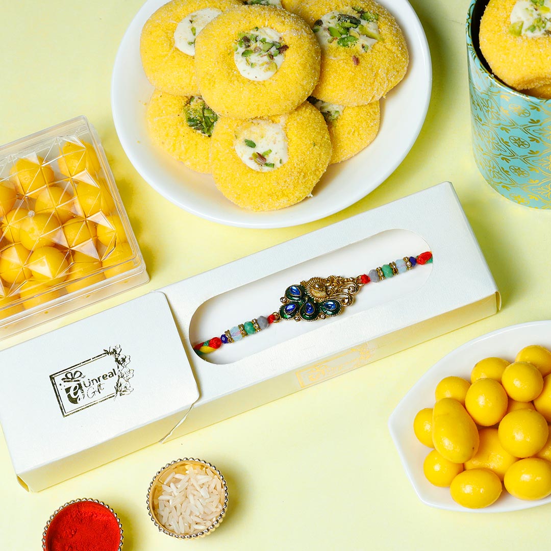 Vibrant Designer Rakhi With Cookies N Dragees Buy Online