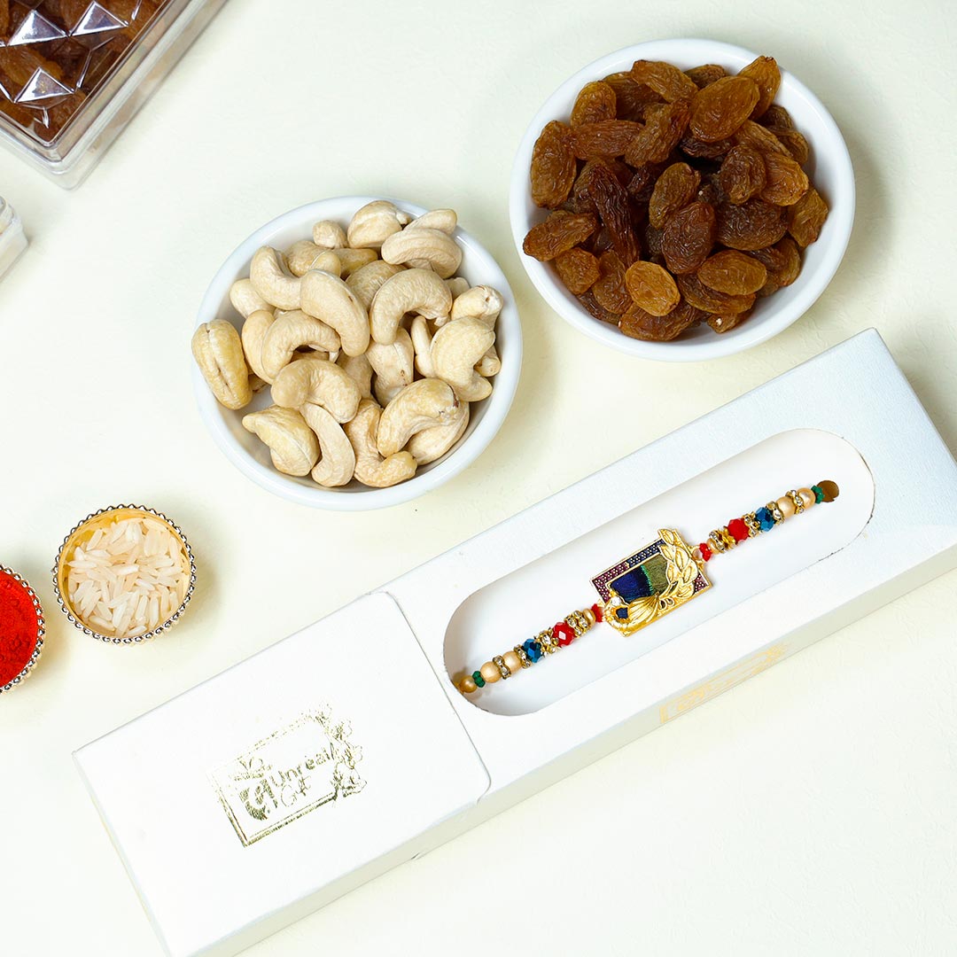 Vibrant Mauli Rakhi with Assorted Dry Fruits box