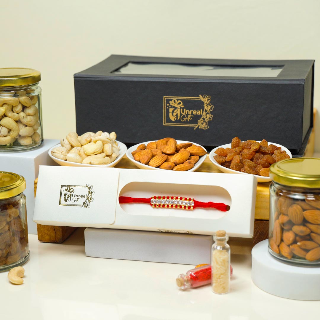 Buy Zardoshi Rakhi With Dry Fruits Hamper