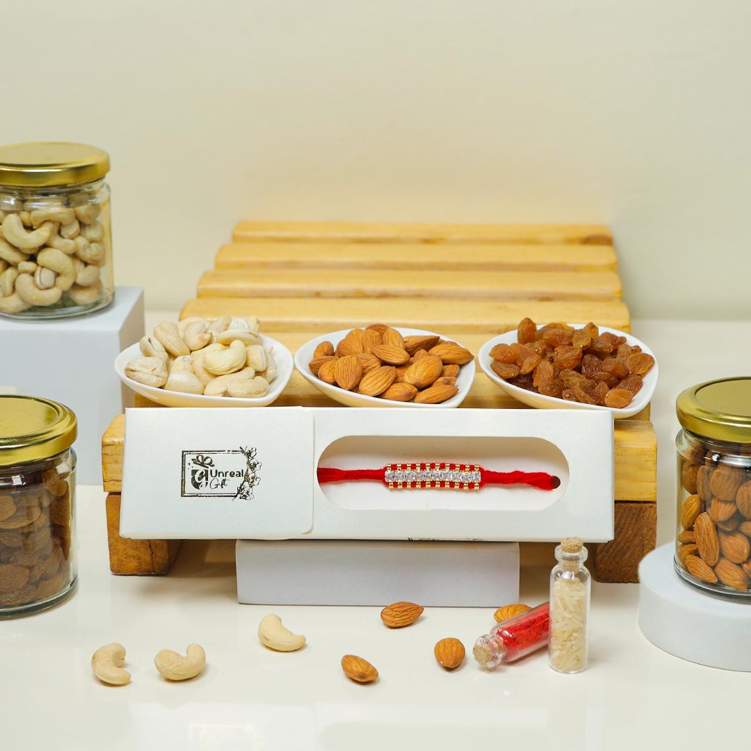 Zardoshi Rakhi With Dry Fruits Hamper