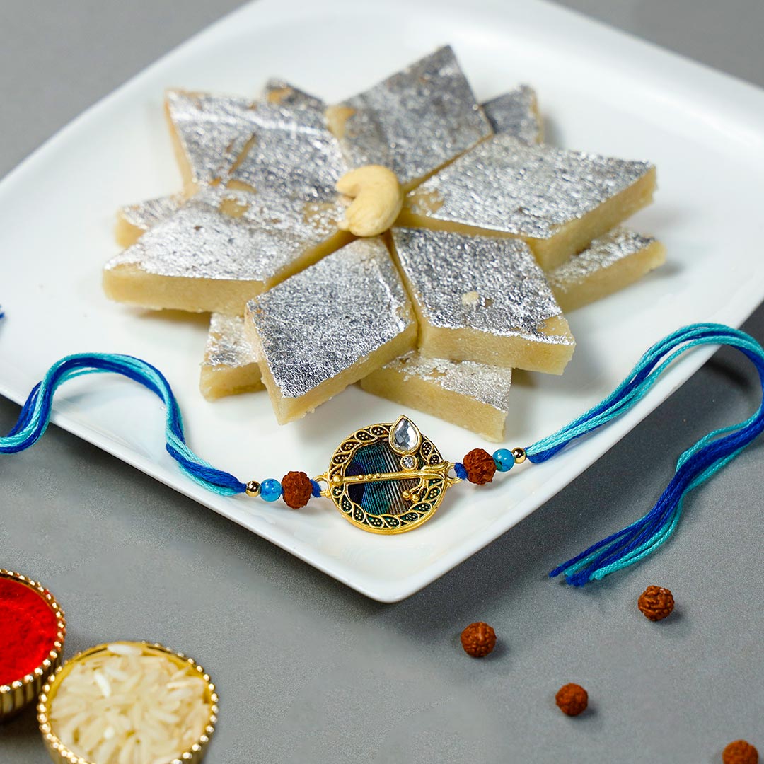 Order Zardoshi Rakhi With Kaju Burfi